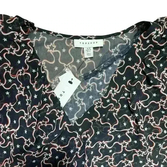 TopShop Sheer Navy Blue Red Star Print Ruffled Tiered Long Sleeve Blouse Size 4 - Picture 4 of 8